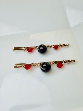 Black Beads and Red Crystals Beaded Bobby Pins